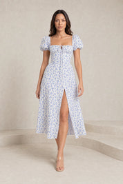 Robe bleue encolure carrée manches bouffantes | Lounelle Paris