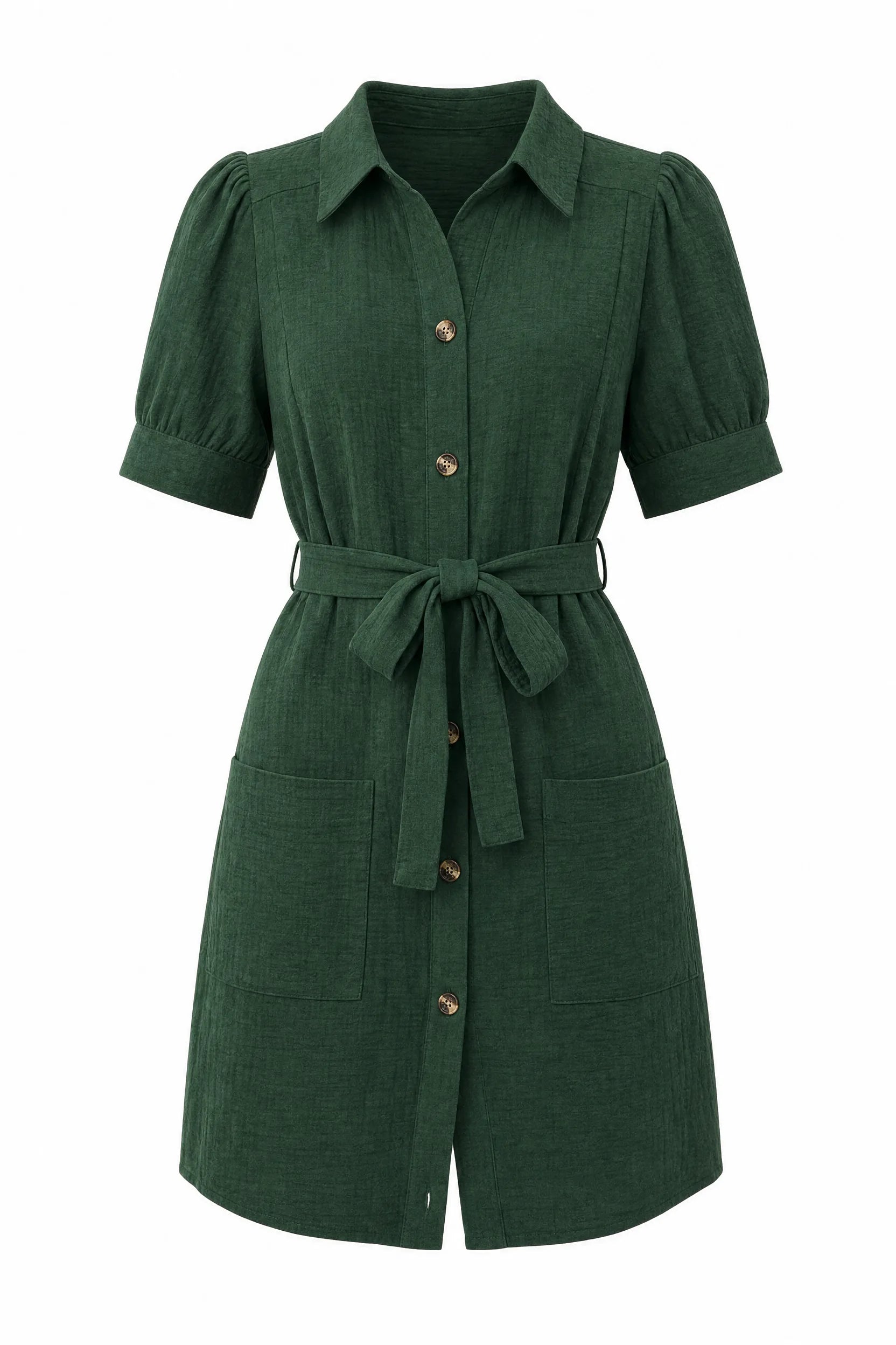 Robe chemise vert armée manches bouffantes | Lounelle Paris