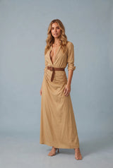 Belted Satin Pleated Maxi Shirt Dress