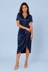 Satin Wrap V-Neck Tie-Waist Midi Dress