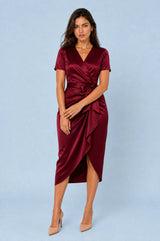 Satin Wrap V-Neck Tie-Waist Midi Dress