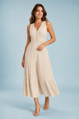 Sleeveless V-Neck Button-Front Tiered Midi Dress