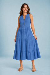 Sleeveless V-Neck Button-Front Tiered Midi Dress