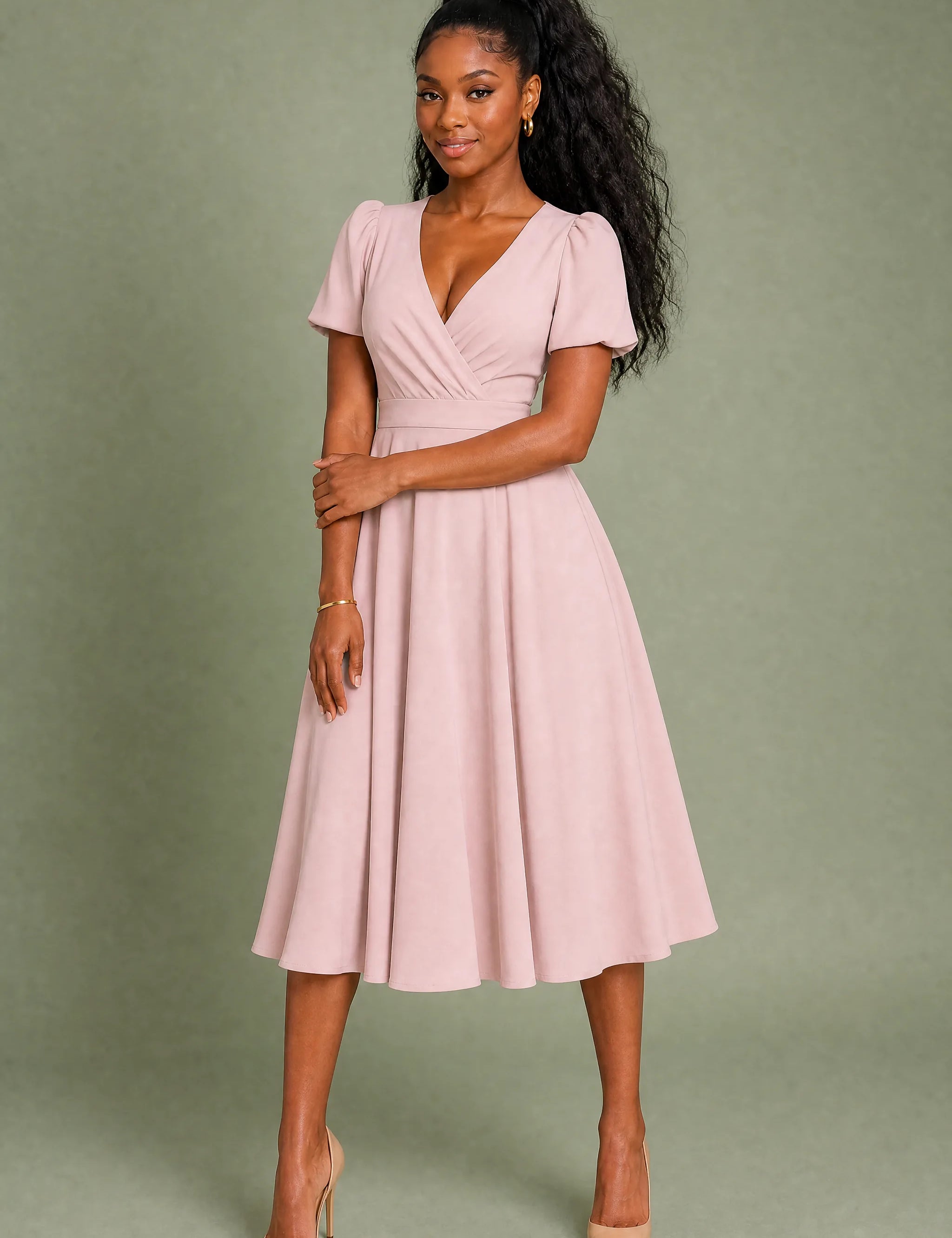 Robe col V croisé manches bouffantes | Variante Rose | Lounelle Paris
