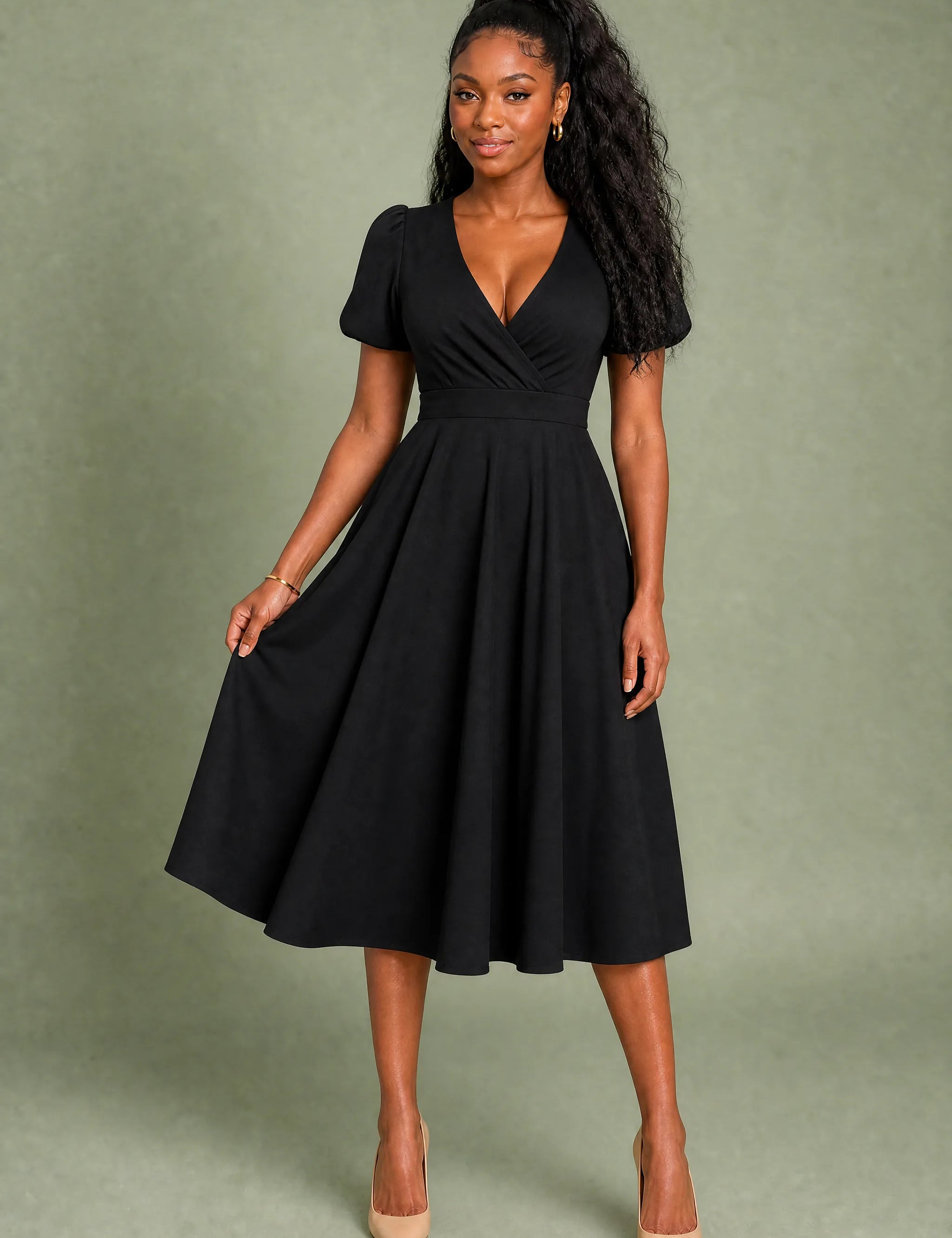 Robe col V croisé manches bouffantes | Variante Noir | Lounelle Paris