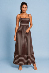 Beige Striped Backless Maxi Dress