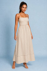 Beige Striped Backless Maxi Dress