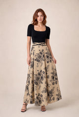 Two-Tone Floral-Print Square-Neck Maxi Dress