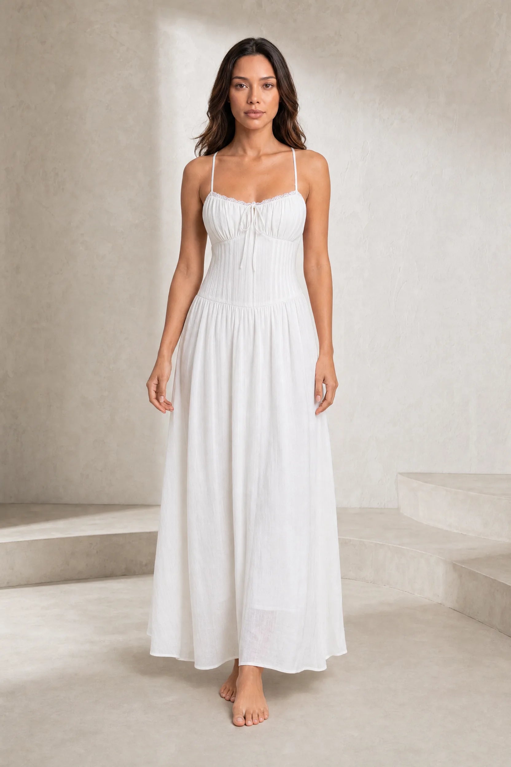 Robe longue blanche bretelles dentelle | Lounelle Paris