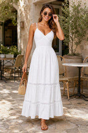 Robe longue blanche dos nu | Photo lifestyle | Lounelle Paris