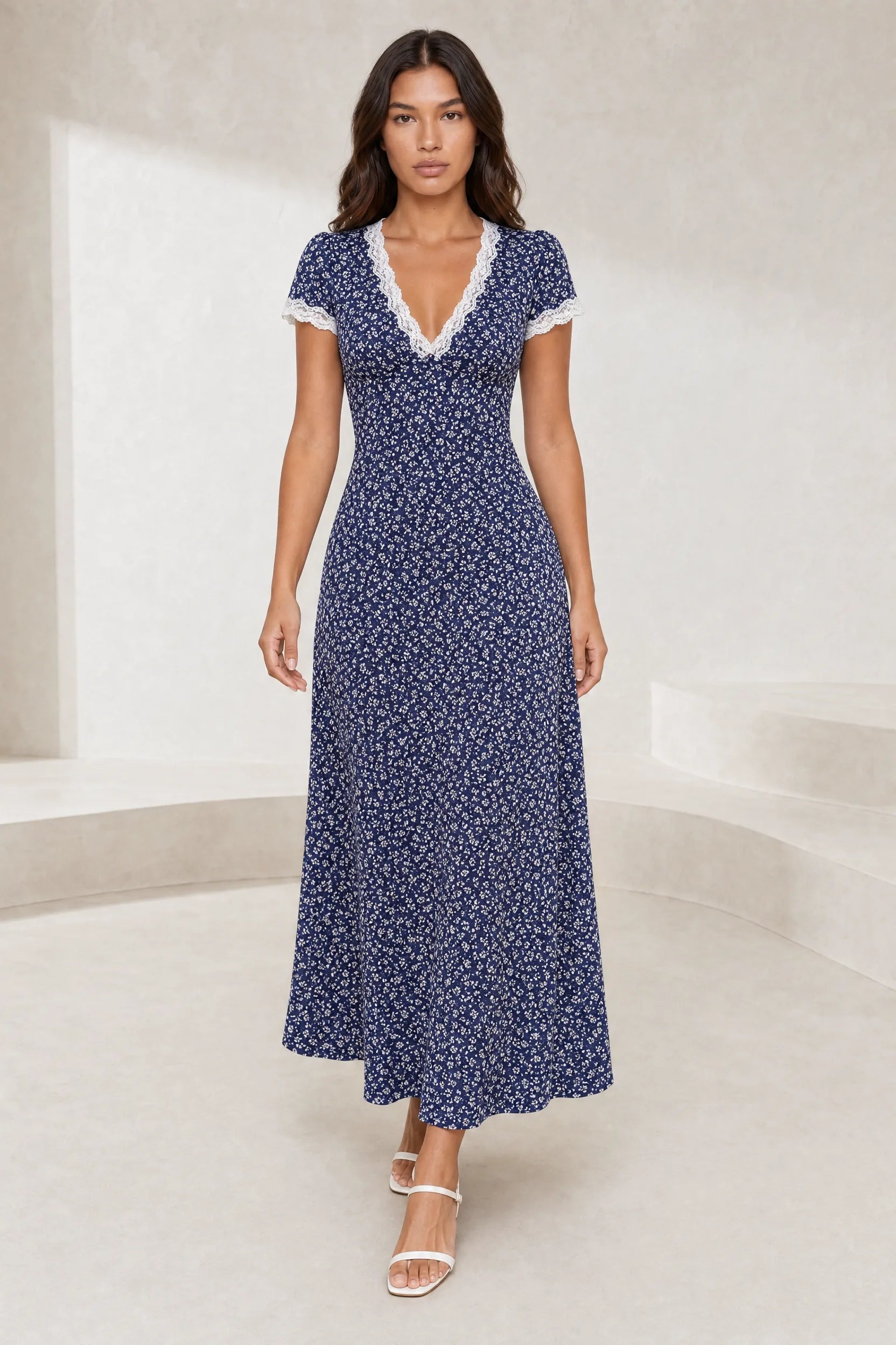 Robe longue bleu marine col V | Lounelle Paris