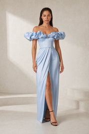 Robe longue bleue fendue épaules dénudées | Lounelle Paris