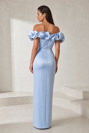 Robe longue bleue fendue épaules dénudées | Lounelle Paris