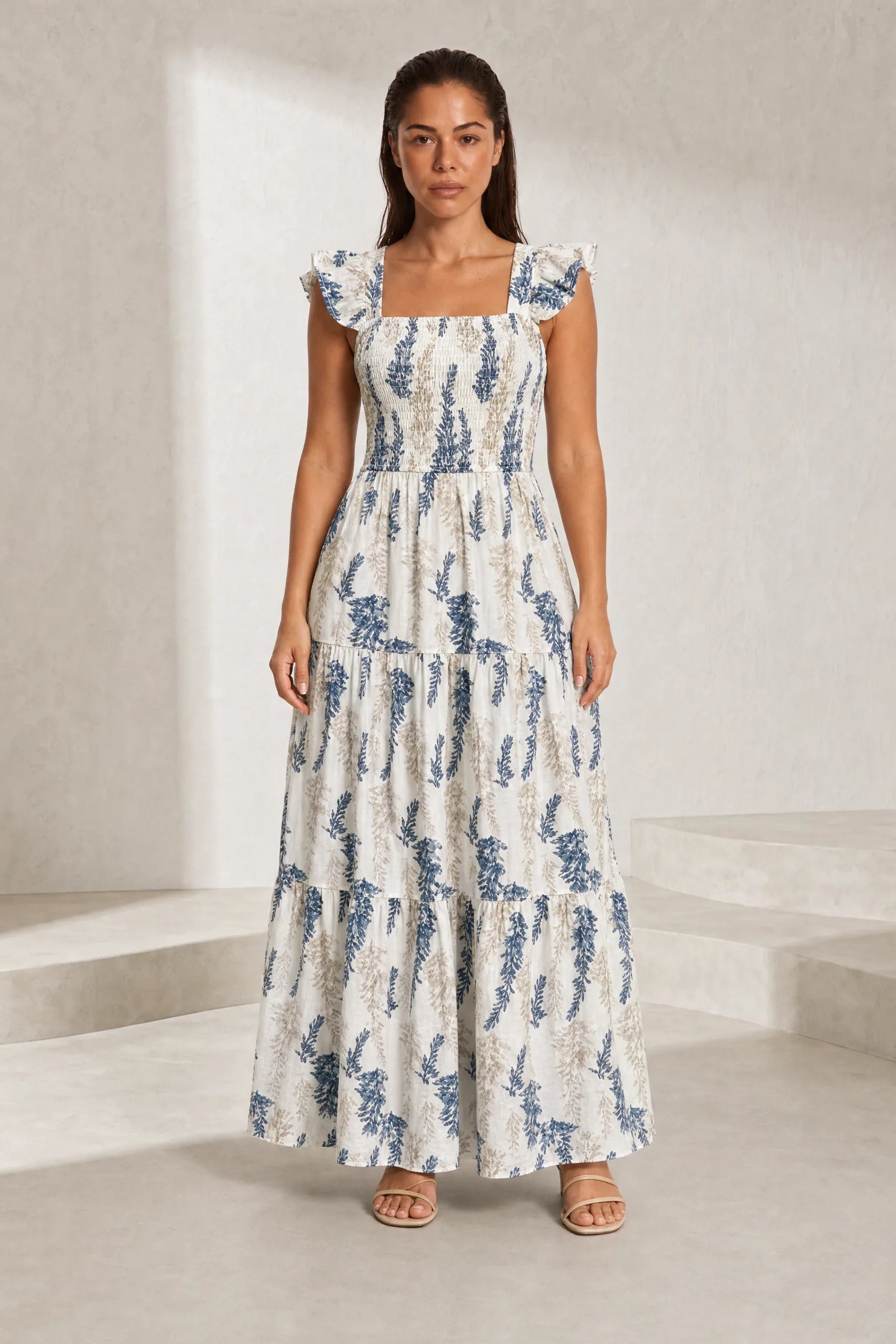 Robe longue écru imprimé floral encolure carrée | Lounelle Paris