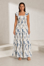 Robe longue écru imprimé floral encolure carrée | Lounelle Paris