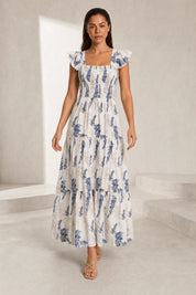 Robe longue écru imprimé floral encolure carrée | Lounelle Paris