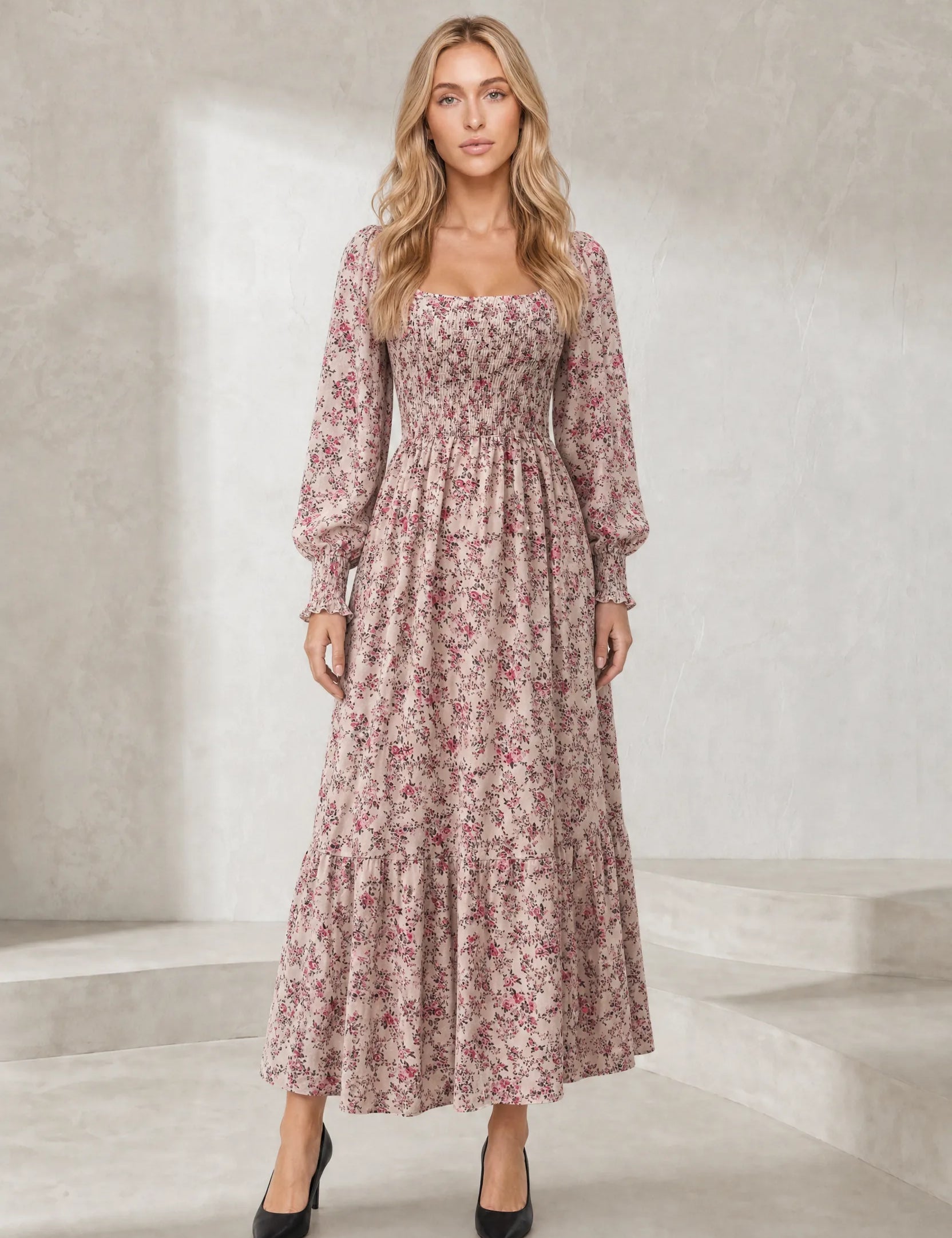 Robe longue fleurie manches bouffantes | Lounelle Paris