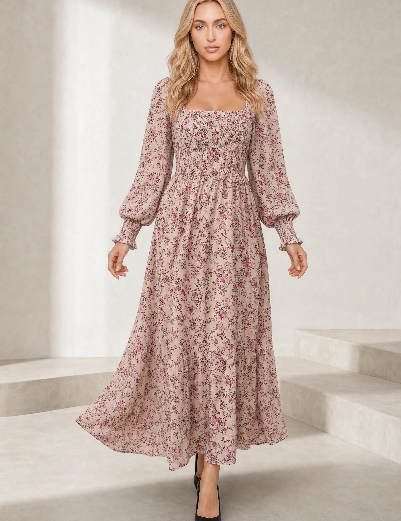 Robe longue fleurie manches bouffantes | Lounelle Paris