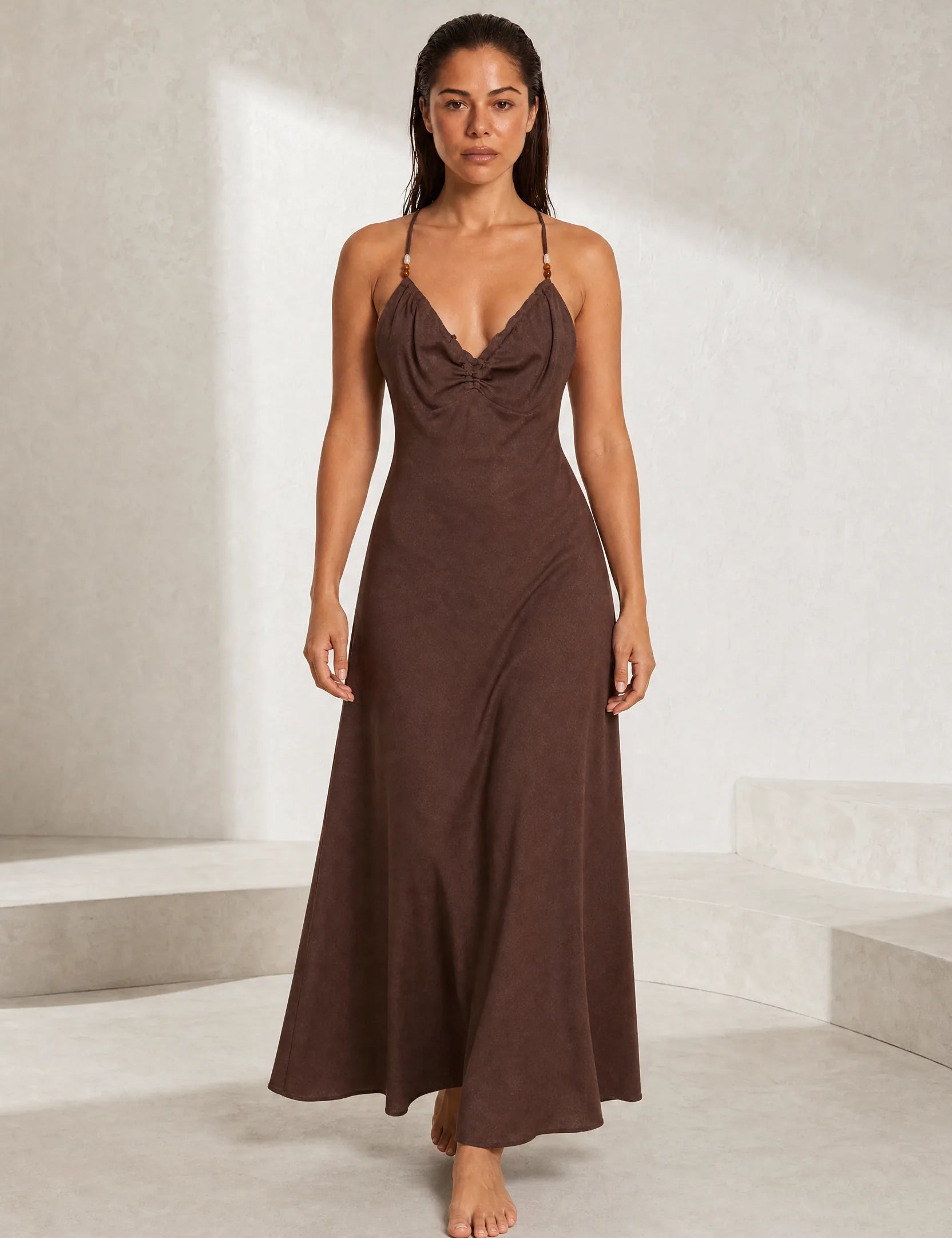 Robe longue marron bretelles croisées | Lounelle Paris