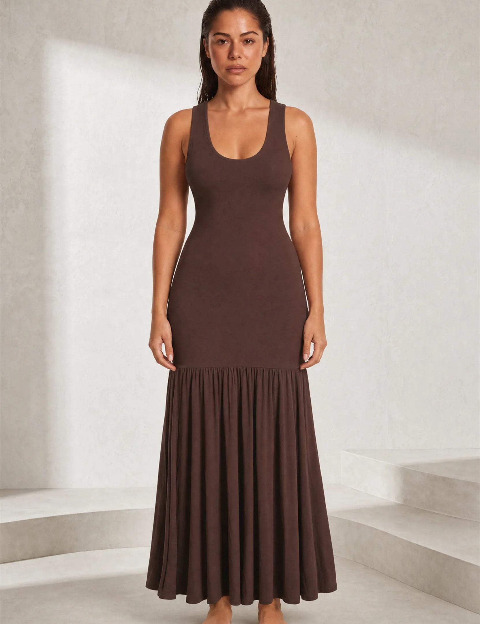 Robe longue marron bretelles larges | Lounelle Paris