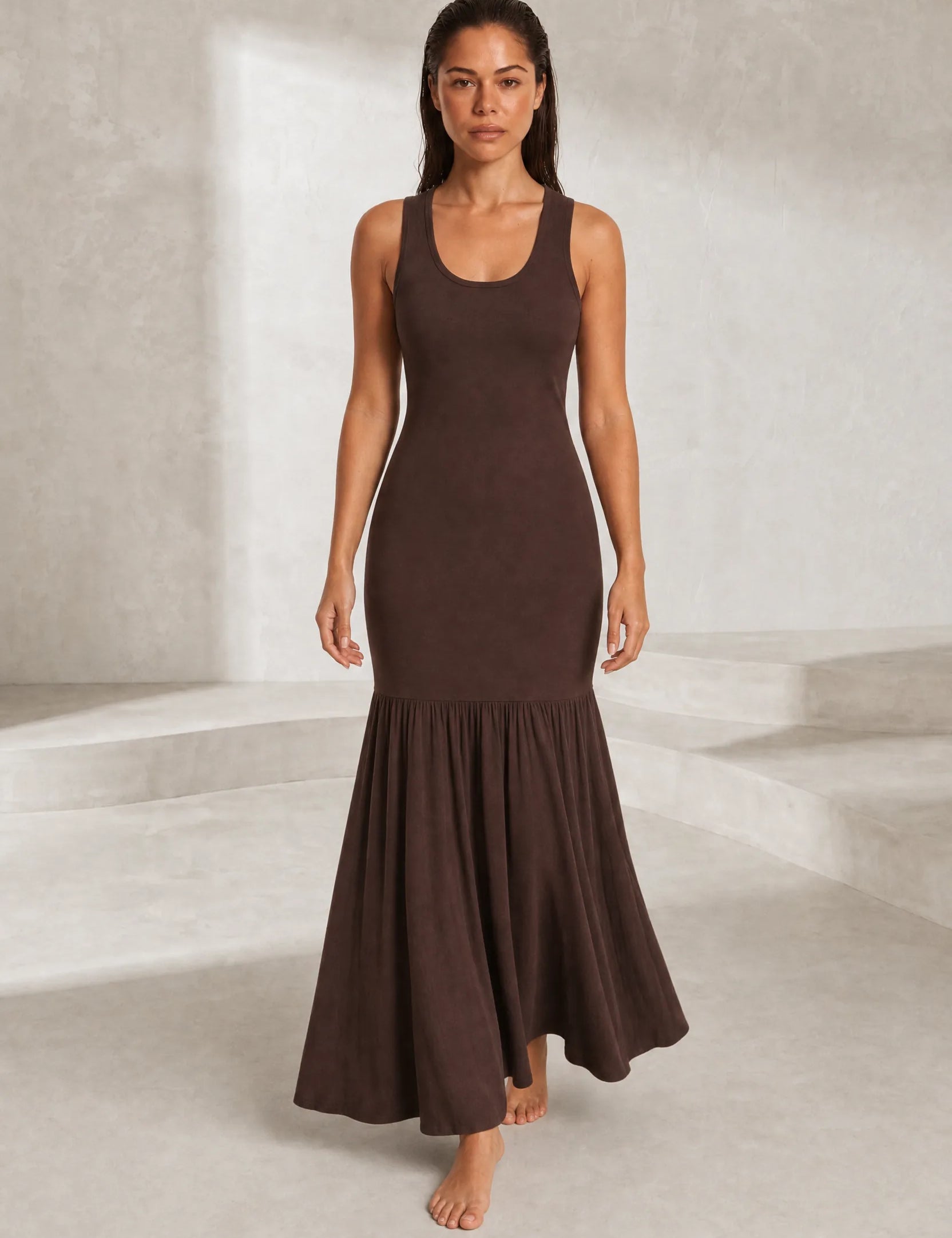 Robe longue marron bretelles larges | Lounelle Paris