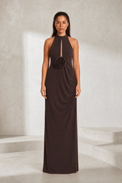 Robe longue marron foncé col licou | Lounelle Paris