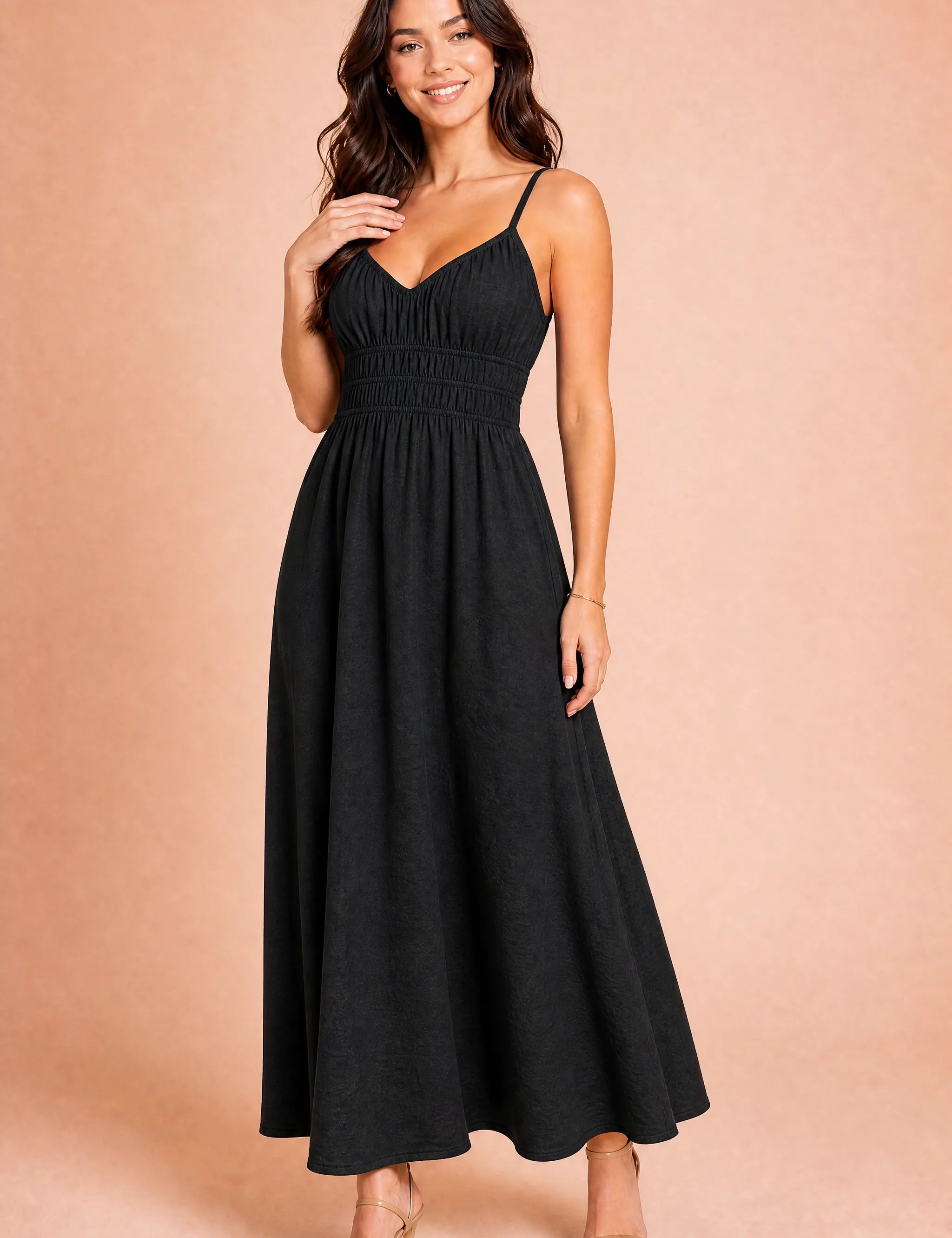 Robe longue smockée dos nu | Variante Noir | Lounelle Paris