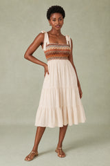 Smocked Tiered Midi Dress with Tie-Shoulder Straps