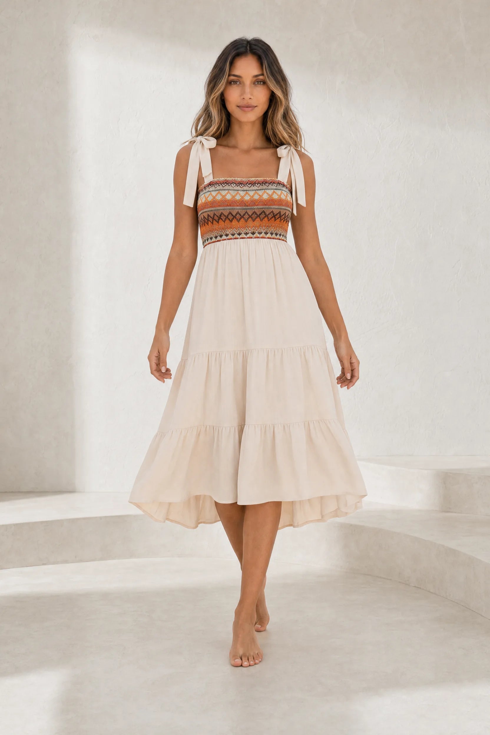Robe midi à bretelles smockée | Lounelle Paris