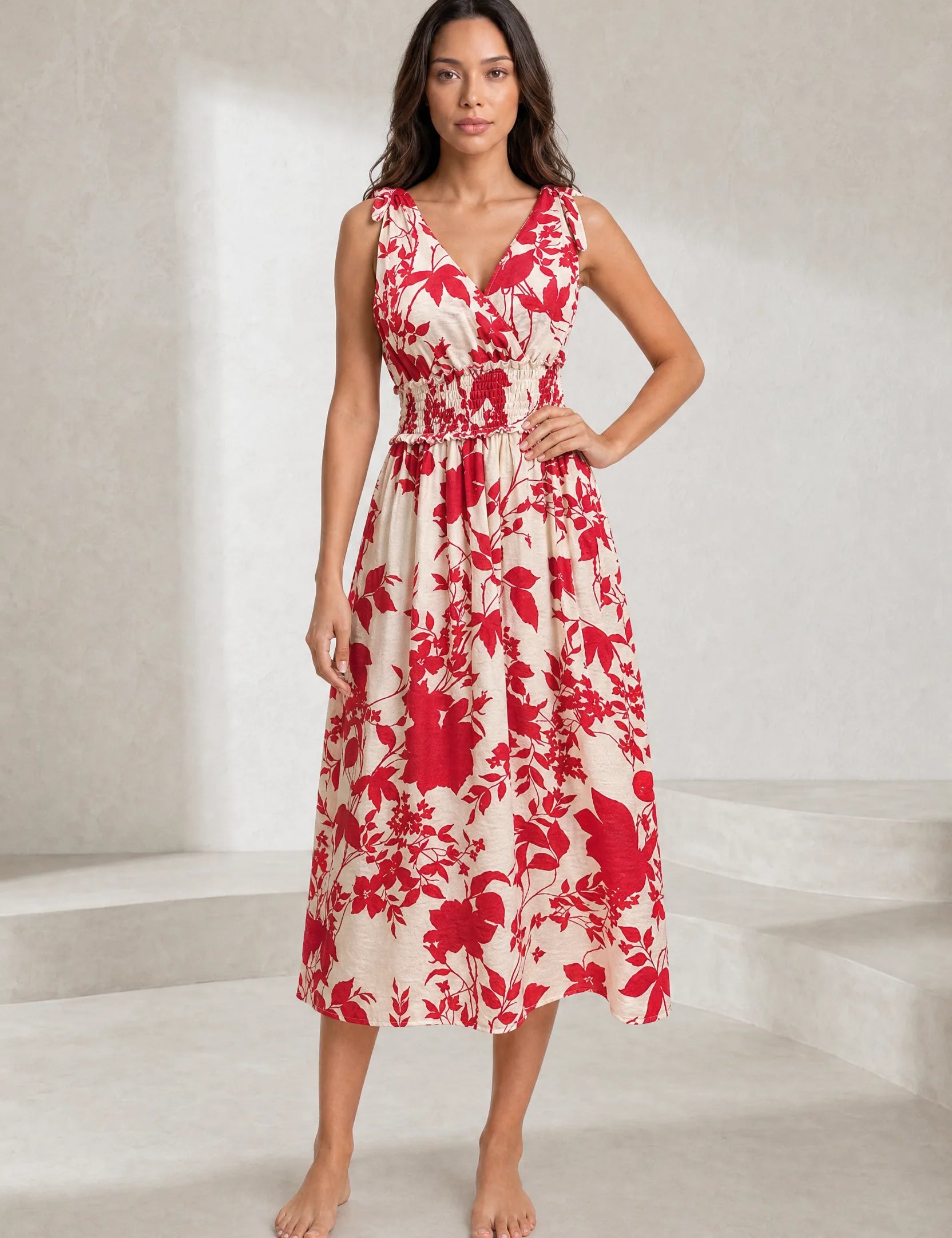 Robe midi rouge fleurie dos nu | Lounelle Paris