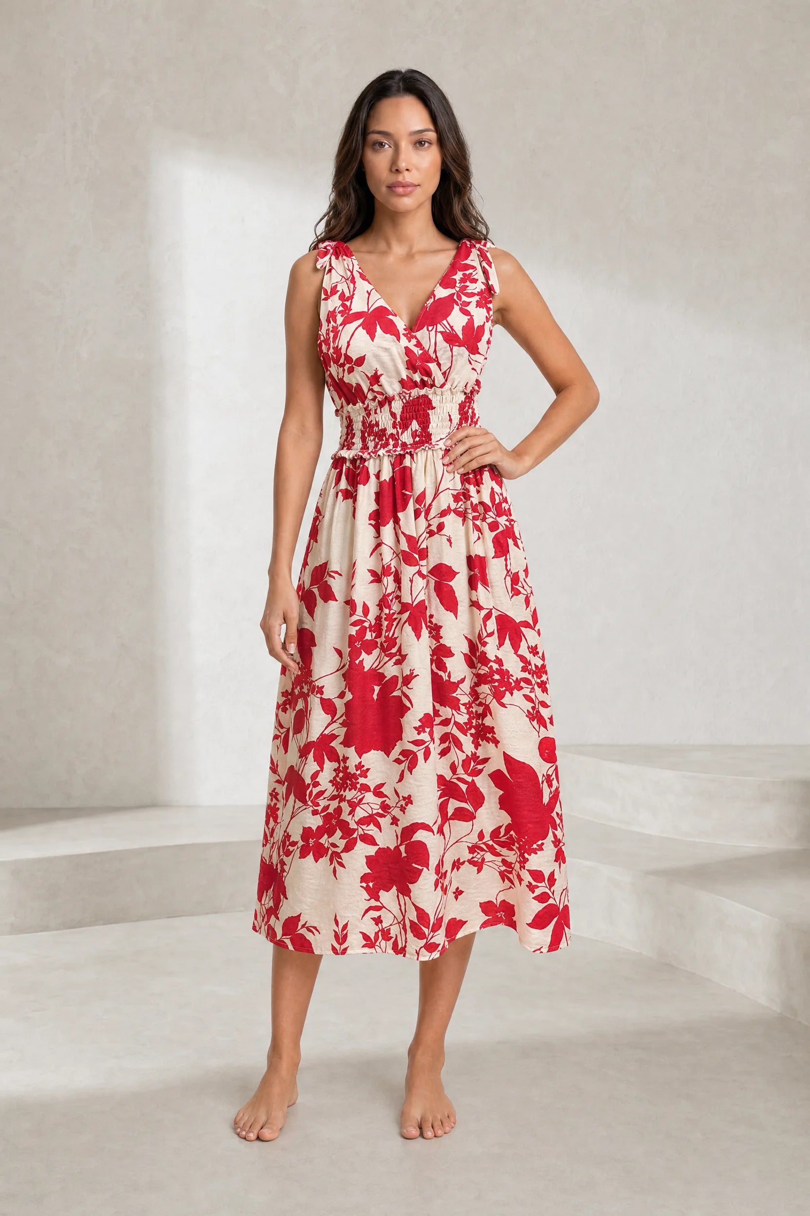 Robe midi rouge fleurie dos nu | Lounelle Paris