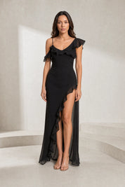 Robe noire asymétrique fendue | Lounelle Paris
