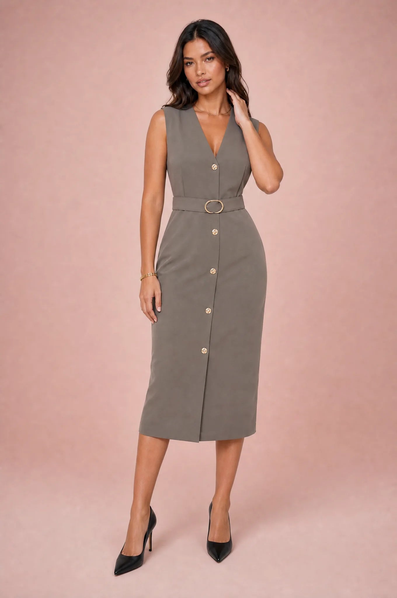 Robe noire col V ceinturée | Variante Taupe | Lounelle Paris
