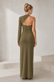 Robe olive asymétrique dos ouvert | Lounelle Paris