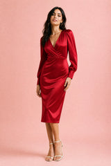 Satin V-Neck Pencil Midi Dress