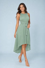 Robe vert menthe asymétrique sans manches | Vue de face | Lounelle Paris
