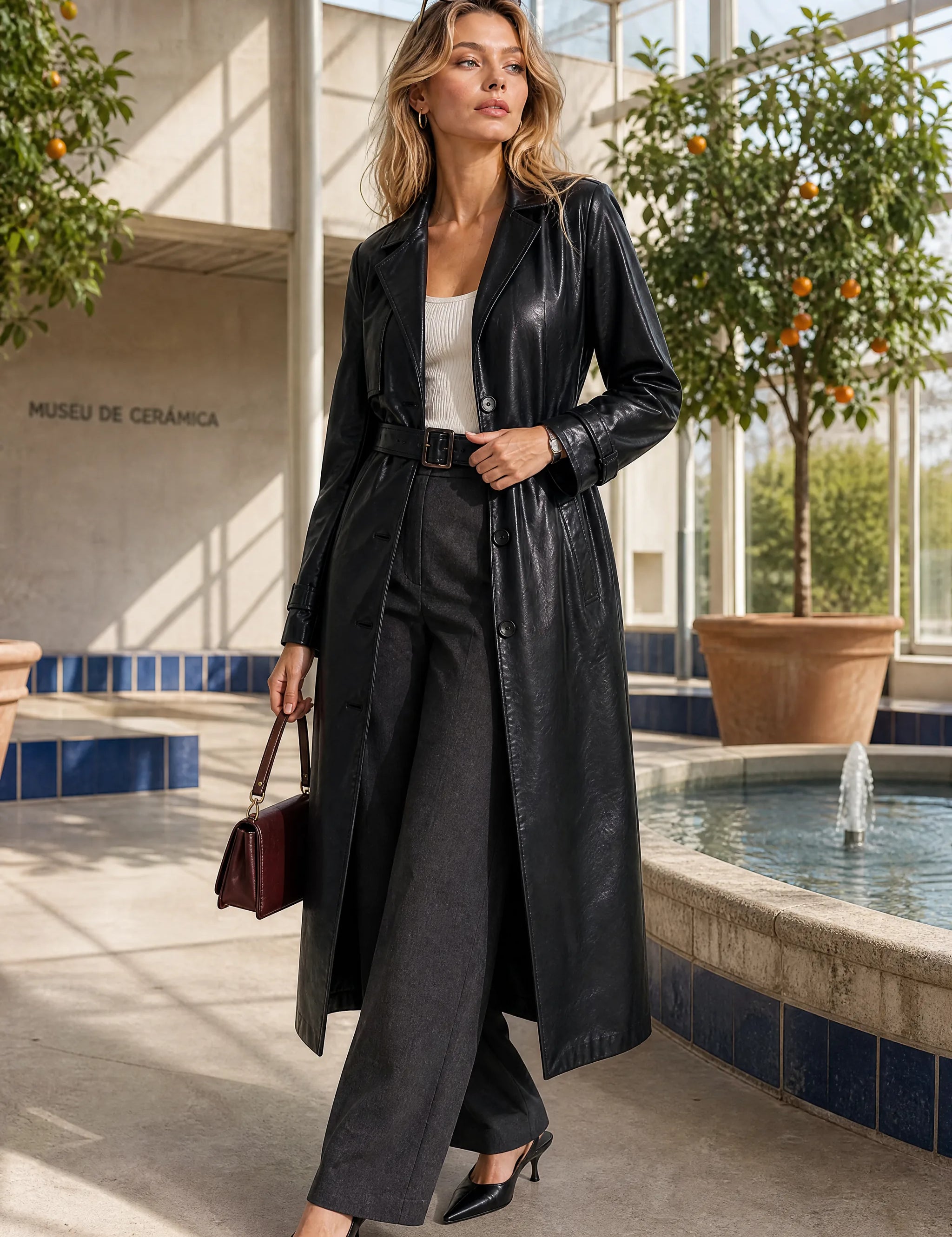Trench long noir effet cuir | Photo lifestyle | Lounelle Paris