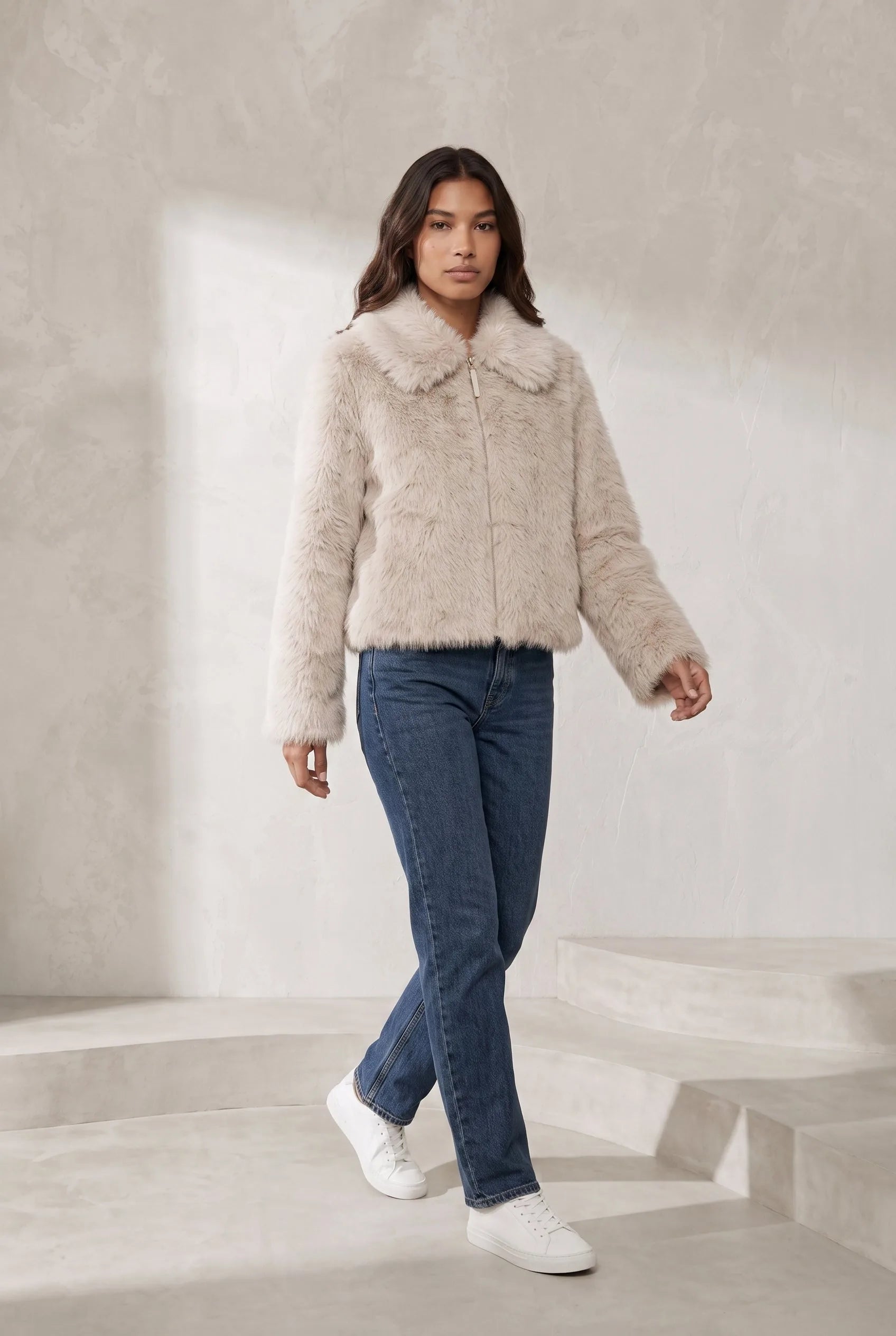 Veste beige effet fourrure col polo | Lounelle Paris