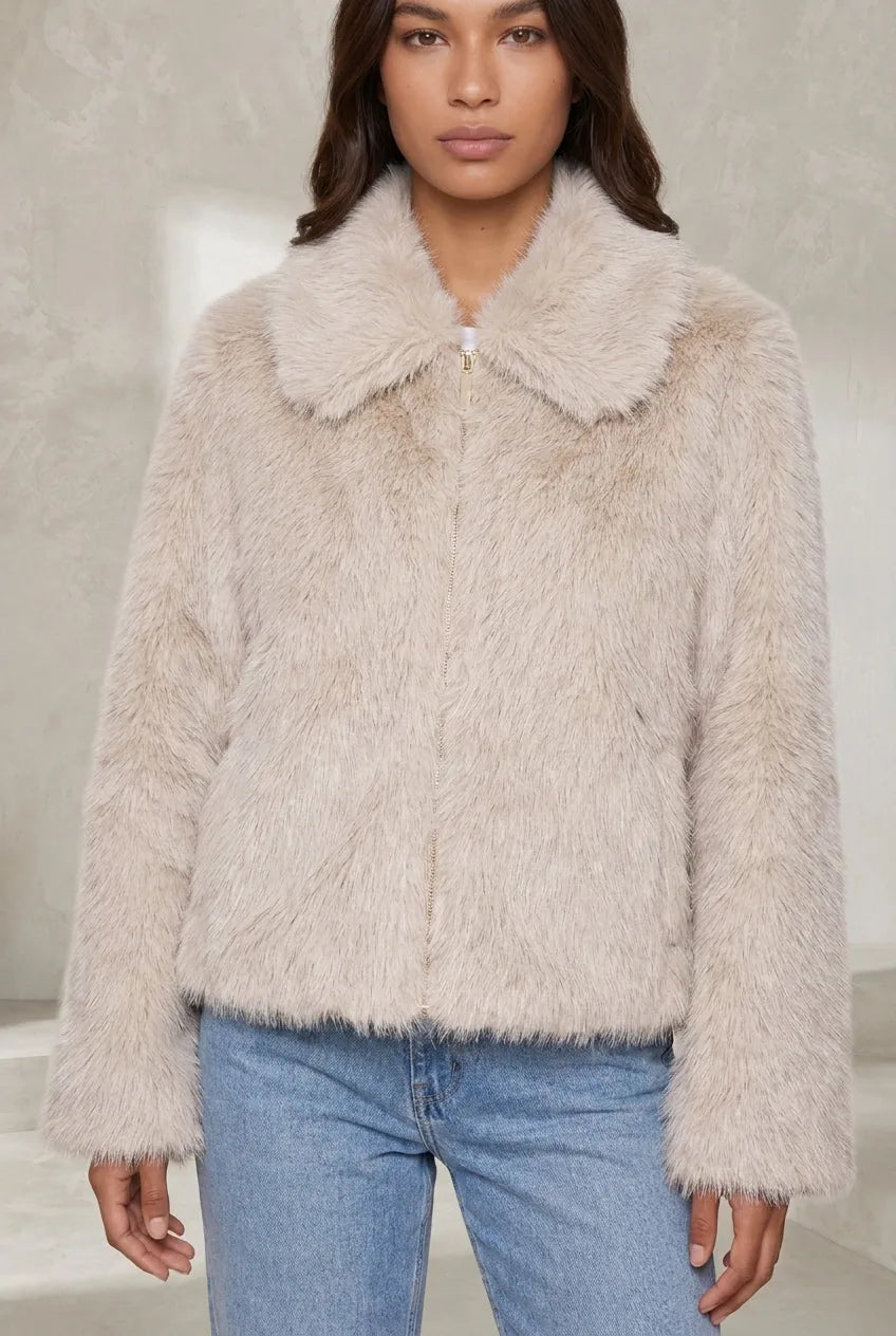 Veste beige effet fourrure col polo | Lounelle Paris