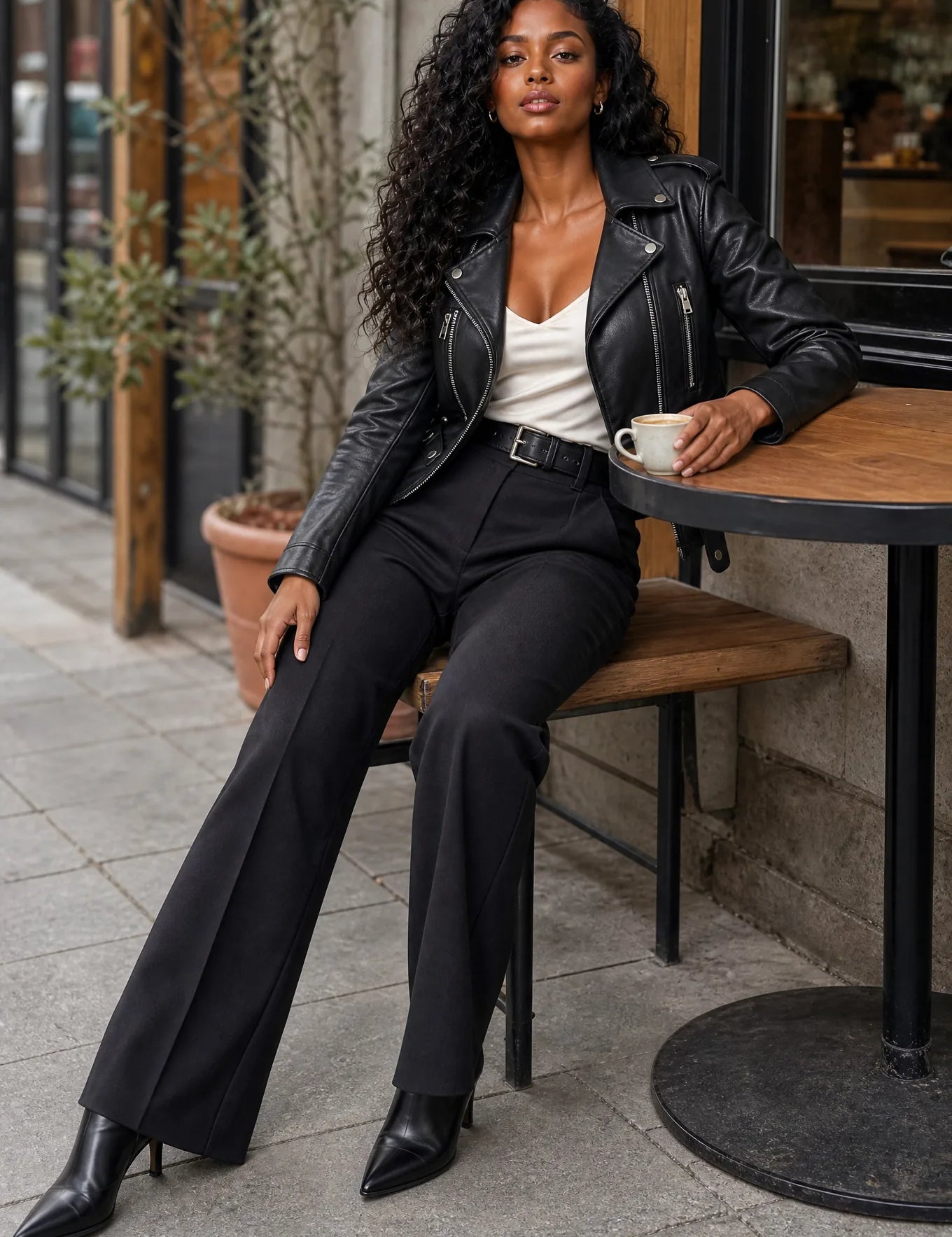 Veste biker noire asymétrique | Photo lifestyle | Lounelle Paris