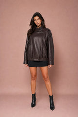 Oversized Leather Funnel-Neck Jacket