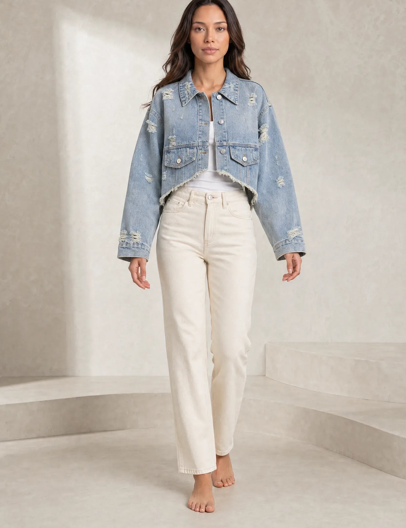 Veste en jean bleu délavé courte | Lounelle Paris
