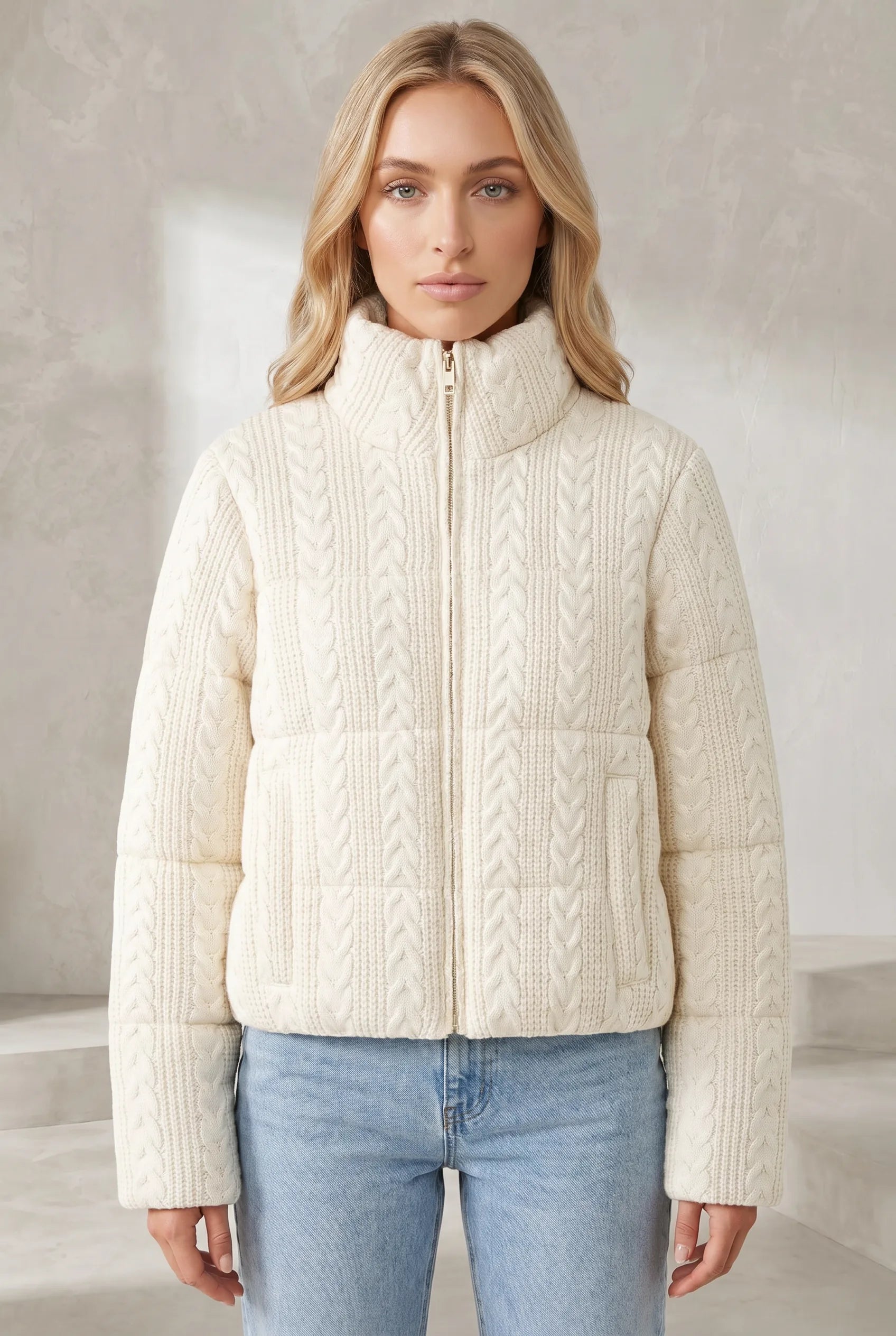 Veste maille beige col montant | Lounelle Paris