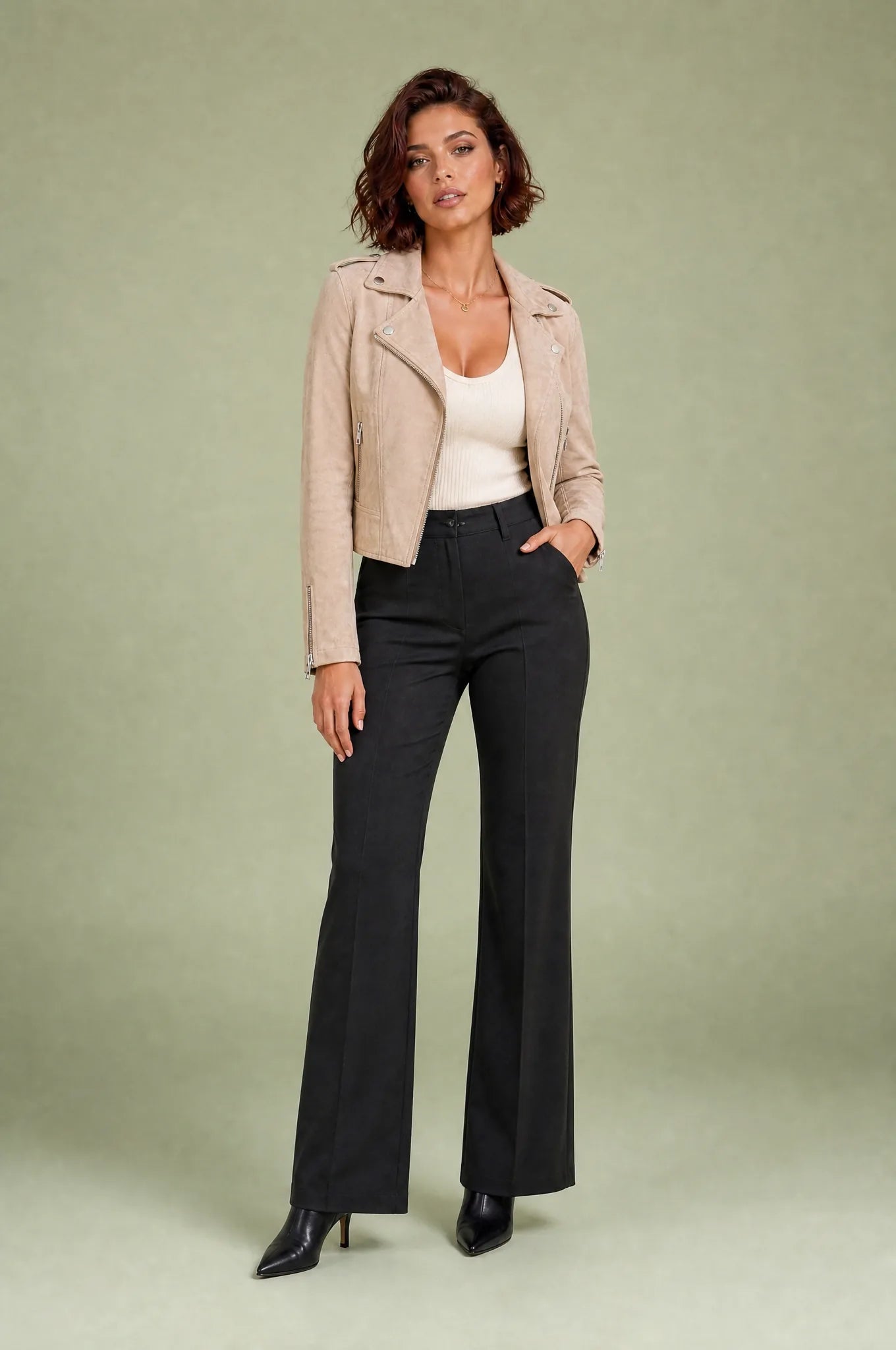 Veste motarde suéde zip asymétrique | Variante Beige | Lounelle Paris