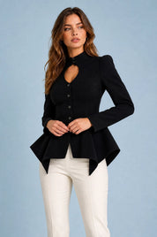 Veste noire péplum col montant | Vue rapprochée | Lounelle Paris