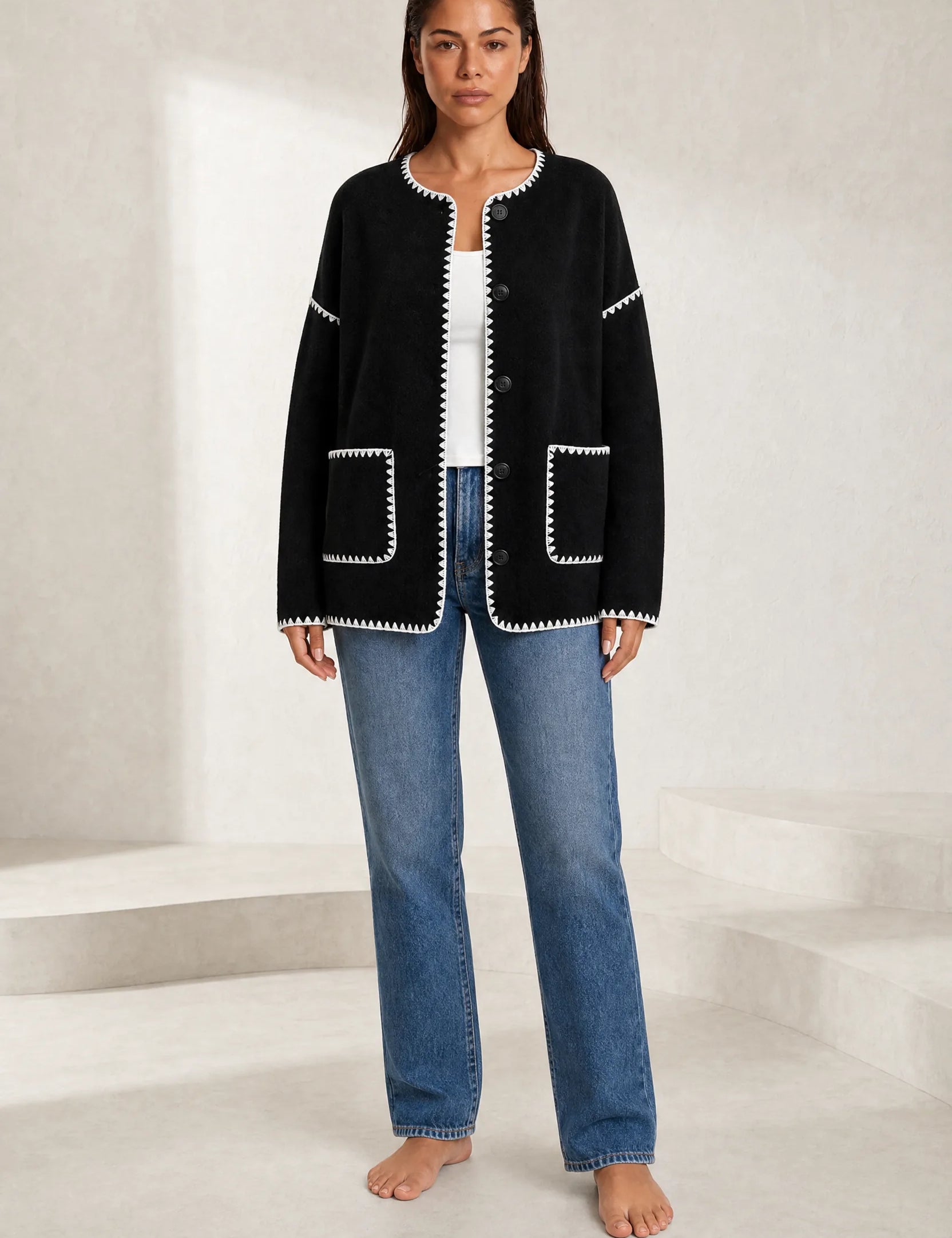 Veste polaire noire bicolore ample | Lounelle Paris
