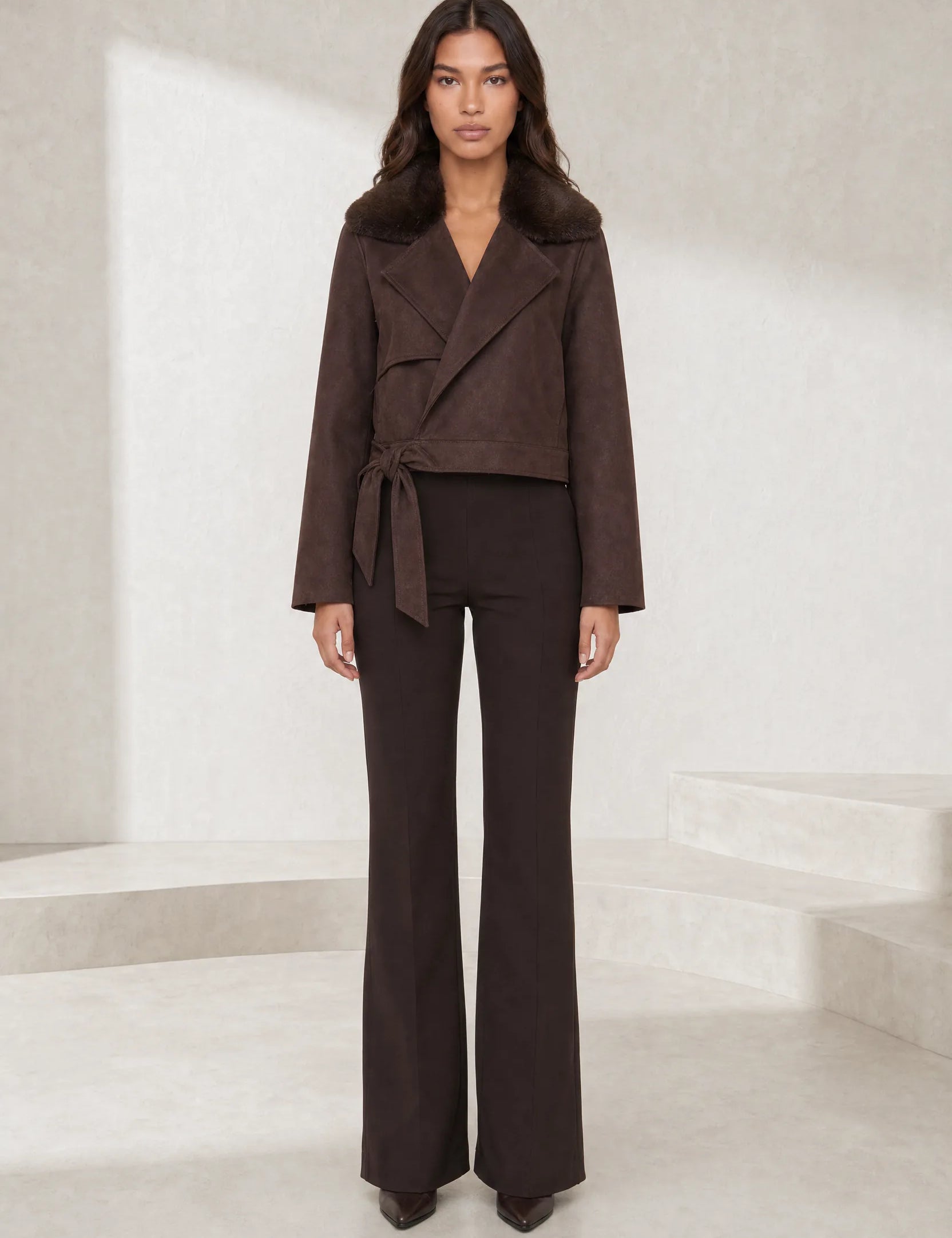 Veste suédine café col fourrure | Lounelle Paris